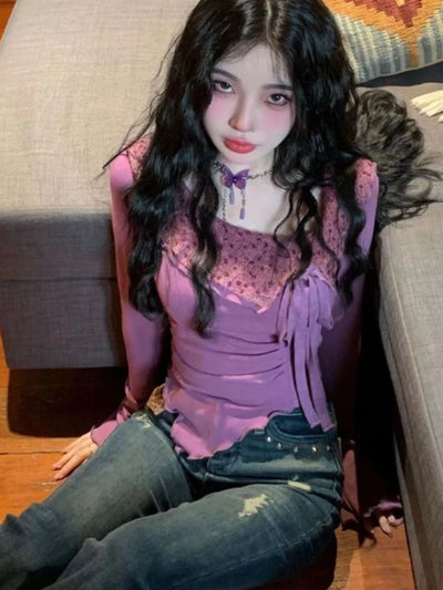 2025 Autumn New Long Sleeve Bottoming T-Shirts Women Elegant Sweet Y2k Aesthetic Tshirts Korean Irregular Chic Bow Tees Femme