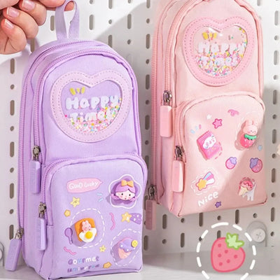 3Layer 6 Pockets Large Capacity Schoolbag shape Pencil Case Pencil Bag Aesthetic Stationery Holder Bag Girls Zipper Pencil Pouch