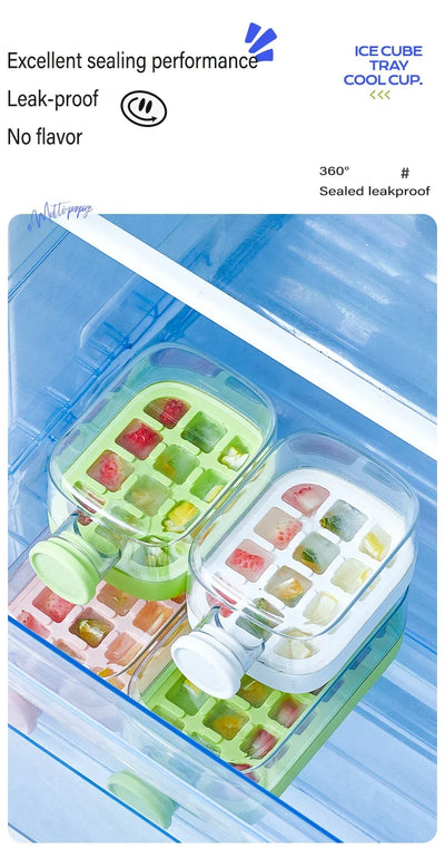 12 Grids Pressing Ice Cube Tray Block Mold 500ML Water Bottle With Straw Ice Making Mold Kitchen Tool Household Sealed Ice Maker