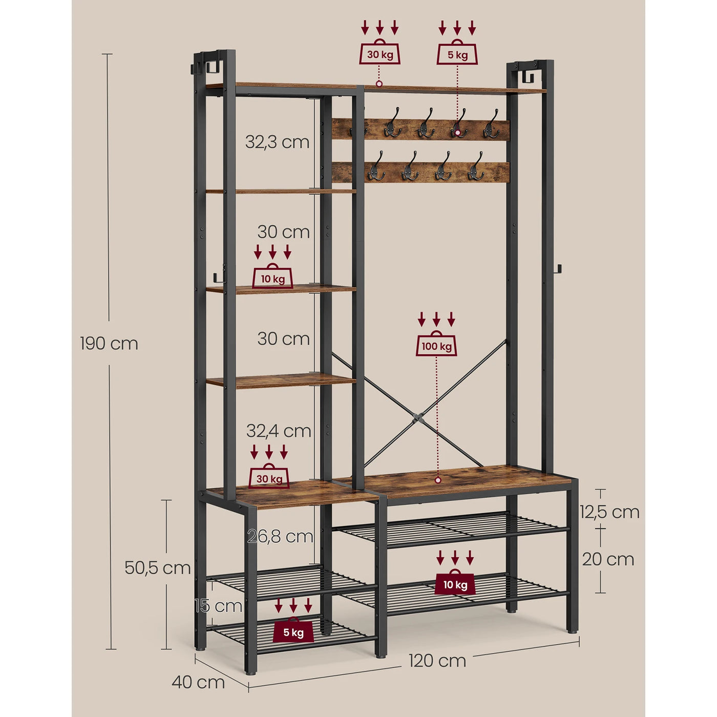 Hall Tree with Bench, Shoe Storage, Coat Rack, 5 Shelves, 9 Coat Hooks, 6 Side Hooks, 140 x 120 x 190 cm