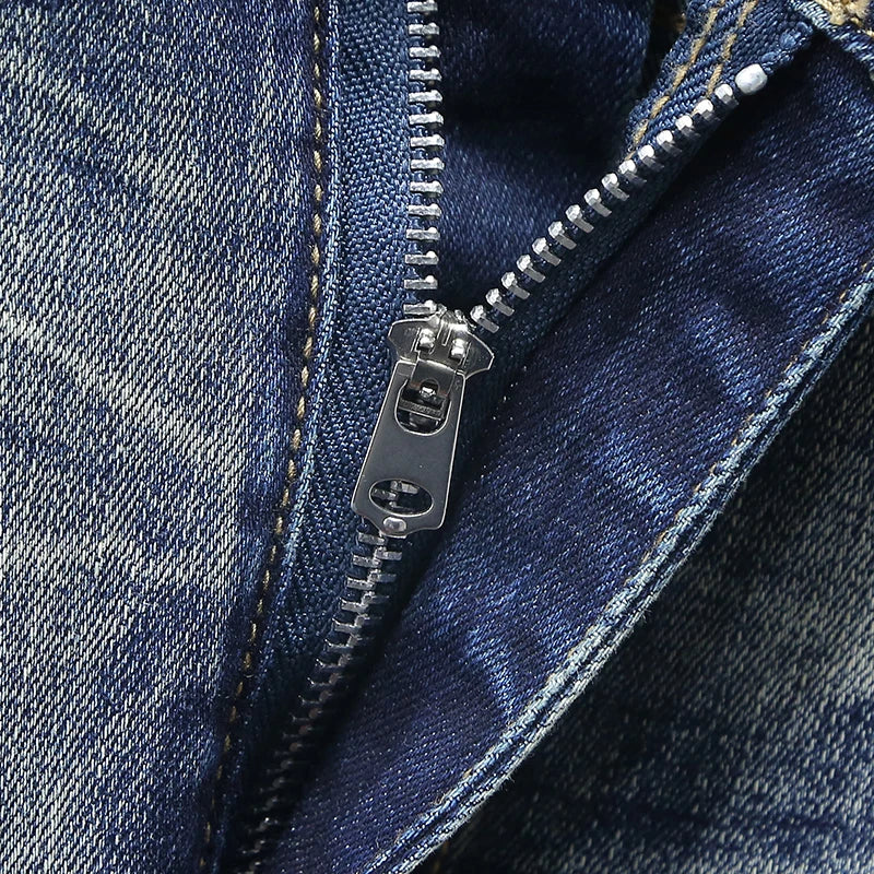 Retro Men's Jeans Slim Elastic Spliced zipper Skinny Pencil Trousers Harajuku Hip-hop Rock Motorcycle Denim Pants Streetwear