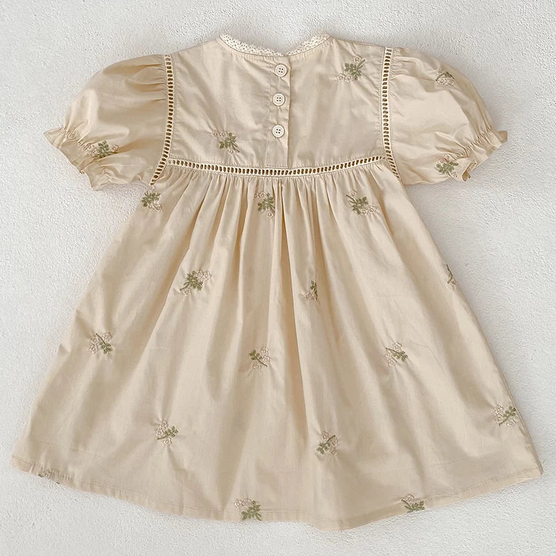 1-6Yrs Summer Girls Dress Embroider Lace Collar Kids Girls Dress Pure Cotton Thin Short Sleeved Children Girls Princess Dress ﻿
