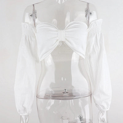 WhereMery Y2K White Off Shoulder Crop Tops Sexy Deep V-neck Puff Long Sleeves T Shirt Fashion Chic Bow Bandage Exposed Navel Top