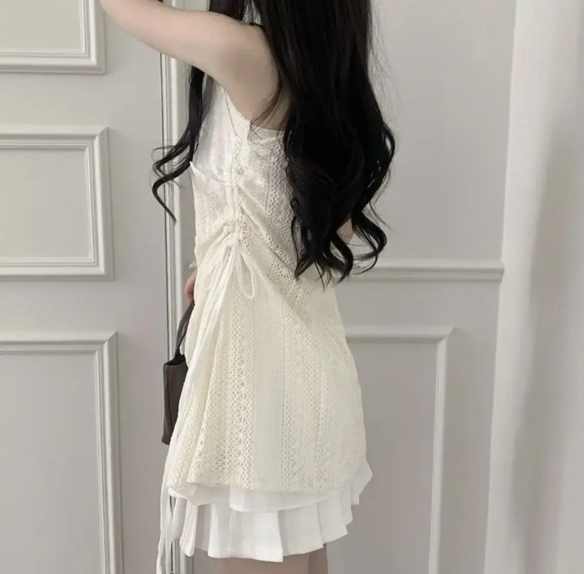 Hot Girl Korean Style Drawstring Lace-up Waist Lace Short Suspender Dresses + White Inner Wear Bottoming Sling Top Two-piece Set