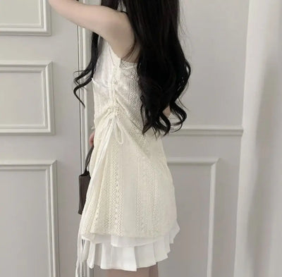 Hot Girl Korean Style Drawstring Lace-up Waist Lace Short Suspender Dresses + White Inner Wear Bottoming Sling Top Two-piece Set