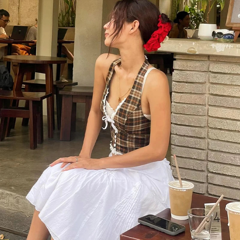 WhereMery French Style Retro Slim Halter Top Y2K Lace Backless Sleeveless V-neck Ruffle Camisole Summer Sexy New Women‘s Clothes
