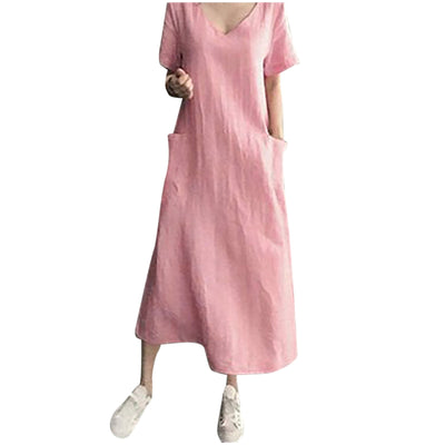 2024 Summer Dresses Qutfits Causal Dress Short Sleeved Cotton Linen V Neck Dress With Pocket Loose Comfy Dresses Vestidos