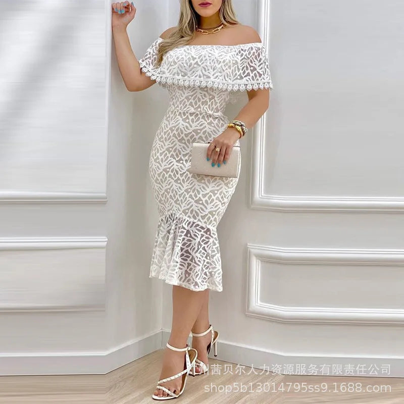 Trend White Lace Off-Shoulder Dress Women Sexy High Waist Bodycon Dresses Slash Collar Strapless Solid Color Sheath Midi Dress