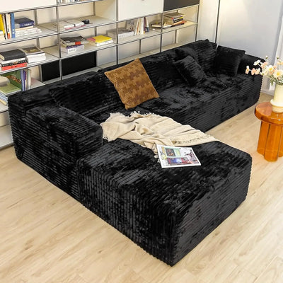 104" Black Corduroy L-Shaped Sectional | Cloud Sofa • Deep Seat • No Assembly | Modern Modular Living Room