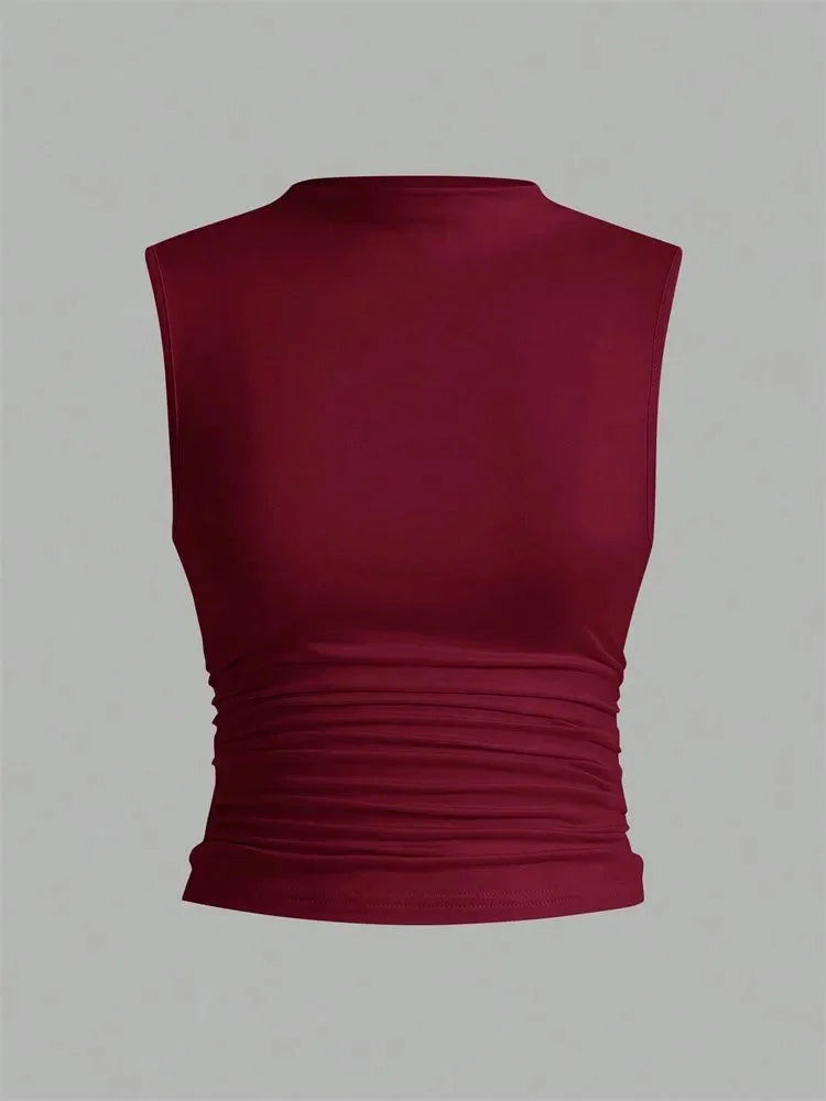 Women's Mock Neck Pleated Crop Top Summer Solid Color Basic Sleeveless Ruched Tank Top Streetwear
