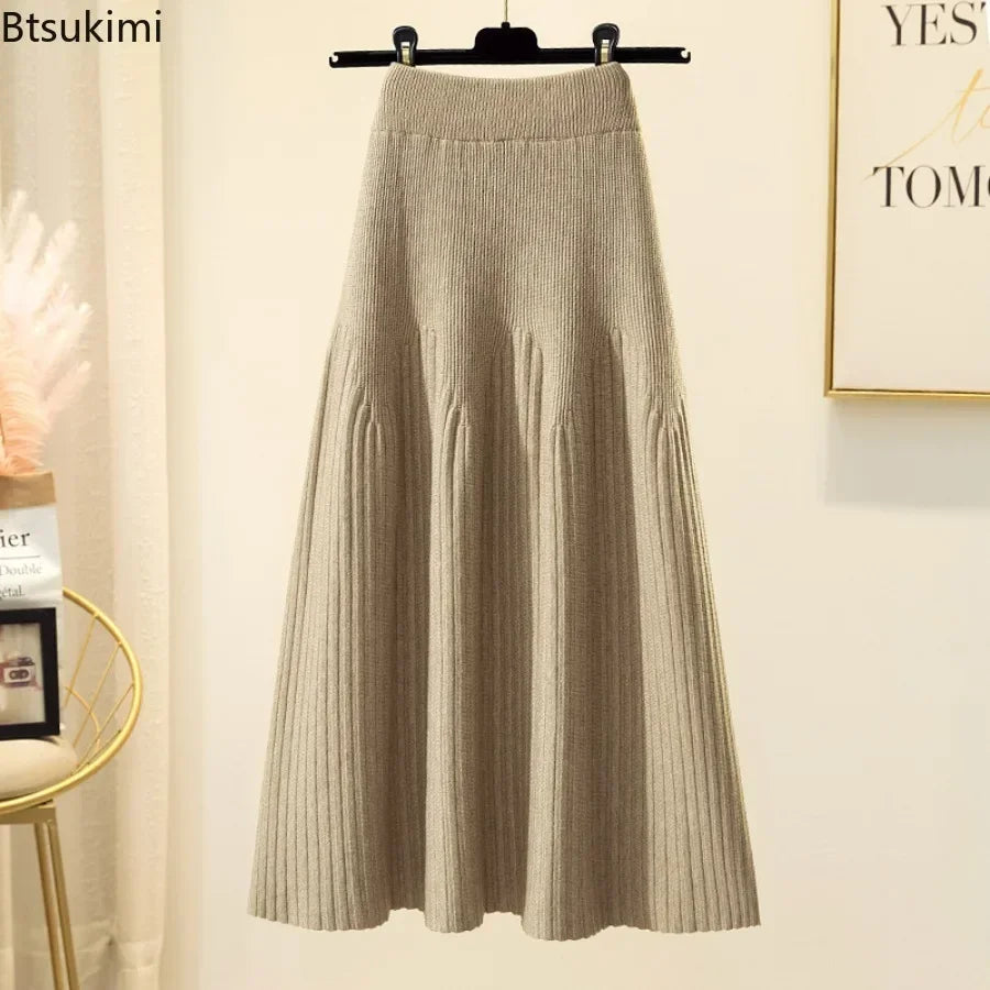 2025 Women's High Waisted Thickened Knitted Skirt Mid-length Wool Skirt All-match A-line Long Skirt Autumn Winter Skirts Female