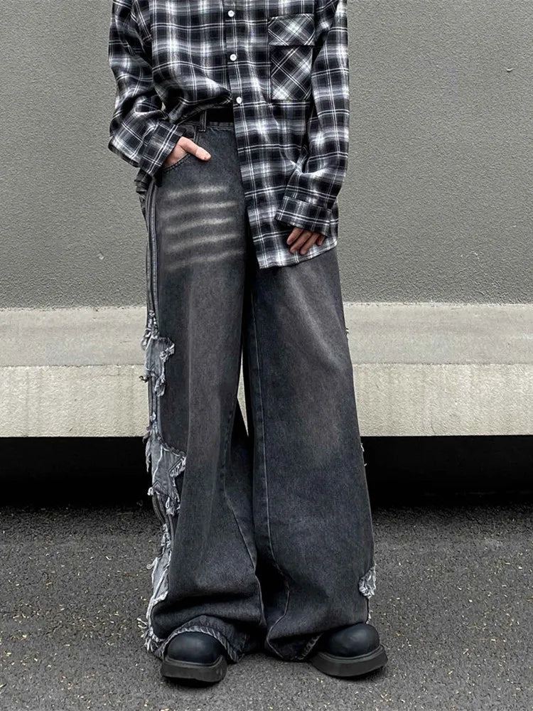 2024 Ropa Y2K Streetwear Star Patch Embroidery Baggy Stacked Jeans Pants For Men Clothes Wide Leg Old Straight Denim Trousers