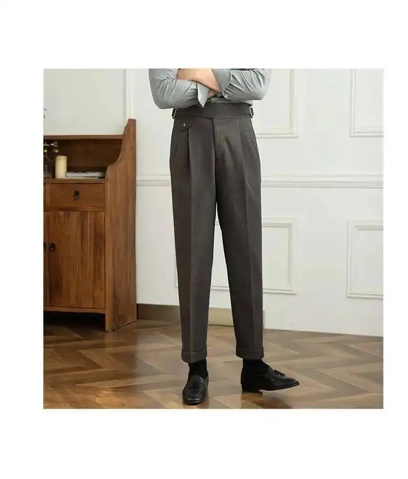 2023 Autumn Winter Men's Warm Retro Straight Trouser Male Casual British High Waist Pants Office-trousers Dress Pant Trousers