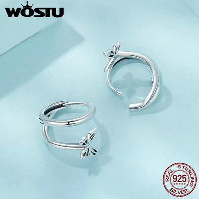 WOSTU Real 925 Sterling Silver Original Butterfly Hoop Earrings Oxidation For Women Wedding Party Daily Gift DIY Fine Jewelry