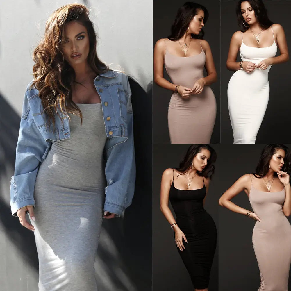 Combhasaki Sexy Summer Women's Sleeveless Thin Shoulder Straps Deep O Neck Evening Party Clubwear Solid Color Midi Bodycon Dress