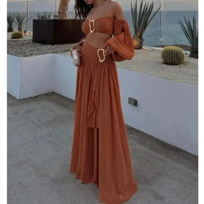 Sexy Pleated Crop Top Split Skirt Set Women Lantern Sleeve Off Shoulder Bust Wrap Top Dress Suit New Lady Holiday Party Outfits