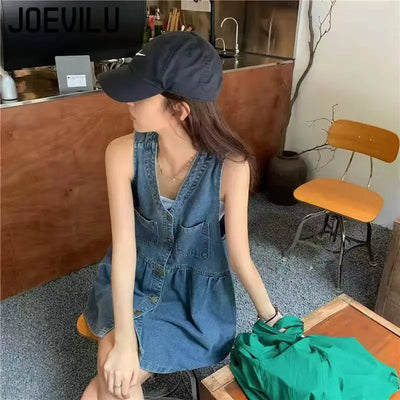 Women's sleeveless halter dress  Summer Single Breasted Pocket Denim Dress  Women's Korean loose A-line mini dresses