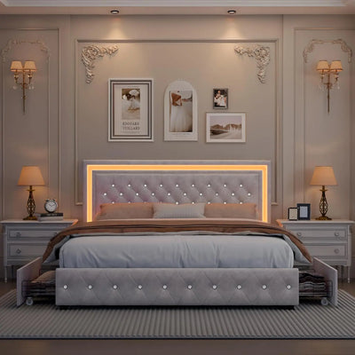 Queen LED Bed Frame, Upholstered Bed with 4 Drawers, Adjustable Upholstered Headboard Diamond Bed Frame, No Box Spring Needed