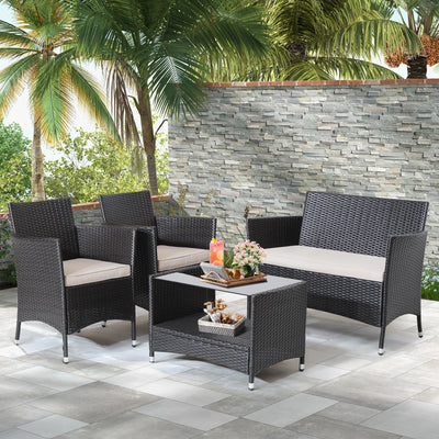 4PCS Patio Rattan Furniture Set Armrest Cushion Sofa Coffee Table withShelf Garden