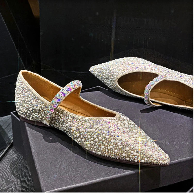 Luxury Designer Glitter Mule Pumps Women Pearl Pointed Toe Mary Jane Shoes Comfy Loafers Fashion Rhinestone Flat Bridal Shoes