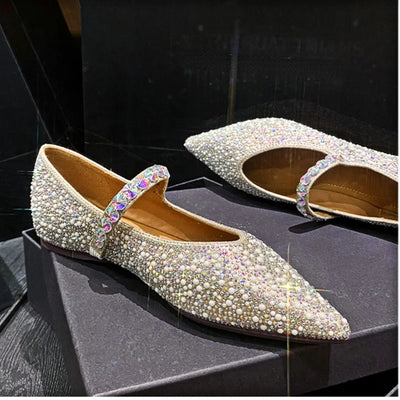 Luxury Designer Glitter Mule Pumps Women Pearl Pointed Toe Mary Jane Shoes Comfy Loafers Fashion Rhinestone Flat Bridal Shoes