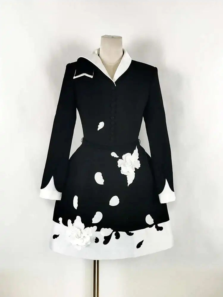 QMQA Fashion Women's Elegant Dress 3D Floral Contrast Color Collar Splicing High Waist Long Sleeve Party Dress Autumn New 1A399