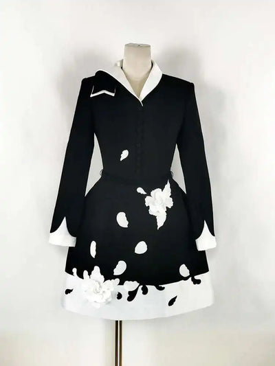 QMQA Fashion Women's Elegant Dress 3D Floral Contrast Color Collar Splicing High Waist Long Sleeve Party Dress Autumn New 1A399