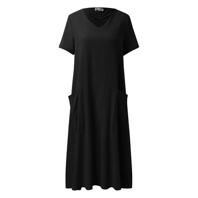2024 Summer Dresses Qutfits Causal Dress Short Sleeved Cotton Linen V Neck Dress With Pocket Loose Comfy Dresses Vestidos