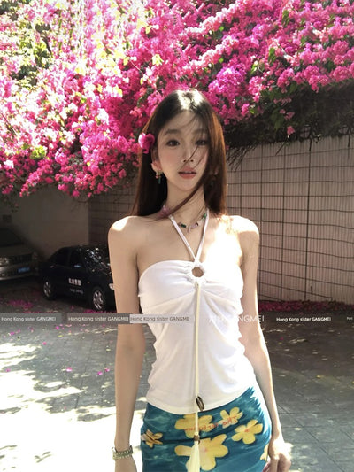 Seaside Vacation Style Suit Pure Desire Stylish White Halter Tube Top Blue Shirt Floral Skirt Two-piece Set