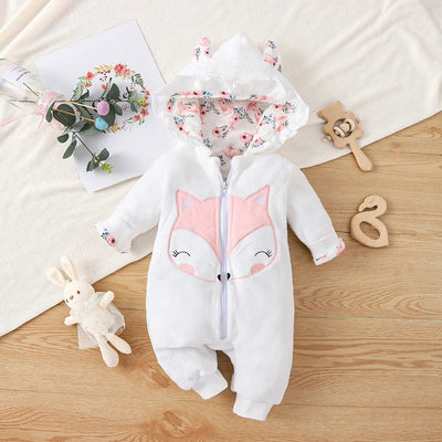 Prowow Cartoon Fox Baby Winter Clothes Romper Jumpsuit For Newborns Zipper Cute Ears Hooded Thicken Infant Overalls For Children