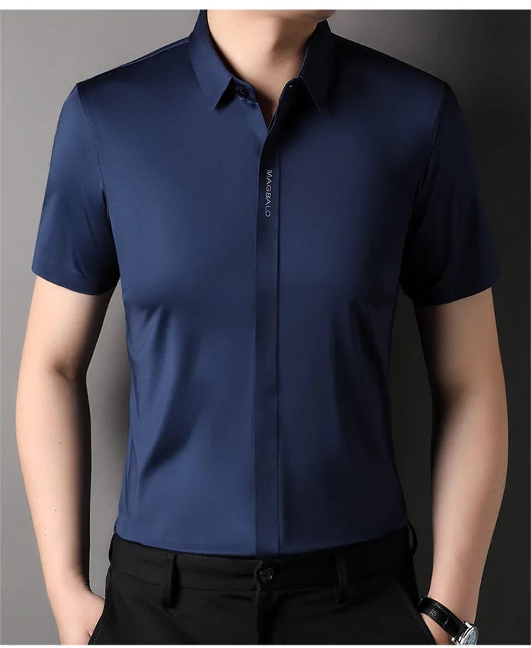 Summer New High-grade Hidden Button Men's Light Luxury Short Sleeve Shirts Men High Elastic Business Anti-wrinkle Ice Silk Shirt