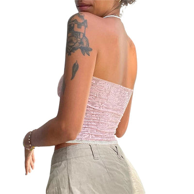 Xingqing y2k Off Shoulder Top Women Fairy Grunge Clothes Summer Sleeveless Lace Trim Patchwork Strapless Tshirt 2000s Streetwear