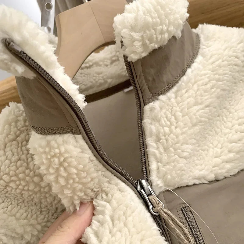Autumn Winter Lambswool Coat Male Loose Windproof Warm Sherpa Stand Collar Polar Fleece Jacket Unisex Simple  Pocket Spliced Top