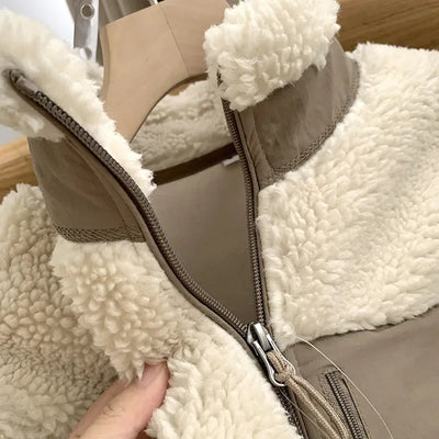 Autumn Winter Lambswool Coat Male Loose Windproof Warm Sherpa Stand Collar Polar Fleece Jacket Unisex Simple  Pocket Spliced Top