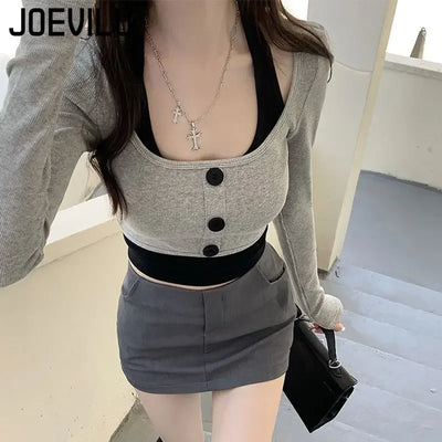 Women's Top Halter Vest 2 Piece Sets U Neck Long Sleeve Crop Tops Babes Korean Style Chic Short T-shirt Ladies Gothic Y2k Tees