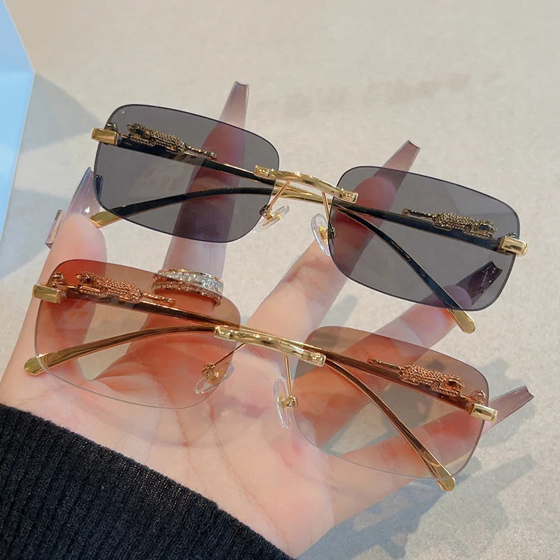 12pcs Brand Leopard Rimless Rectangle Sunglasses Fashion Y2K Frameless Sun Glasses Shades for Women Men UV400