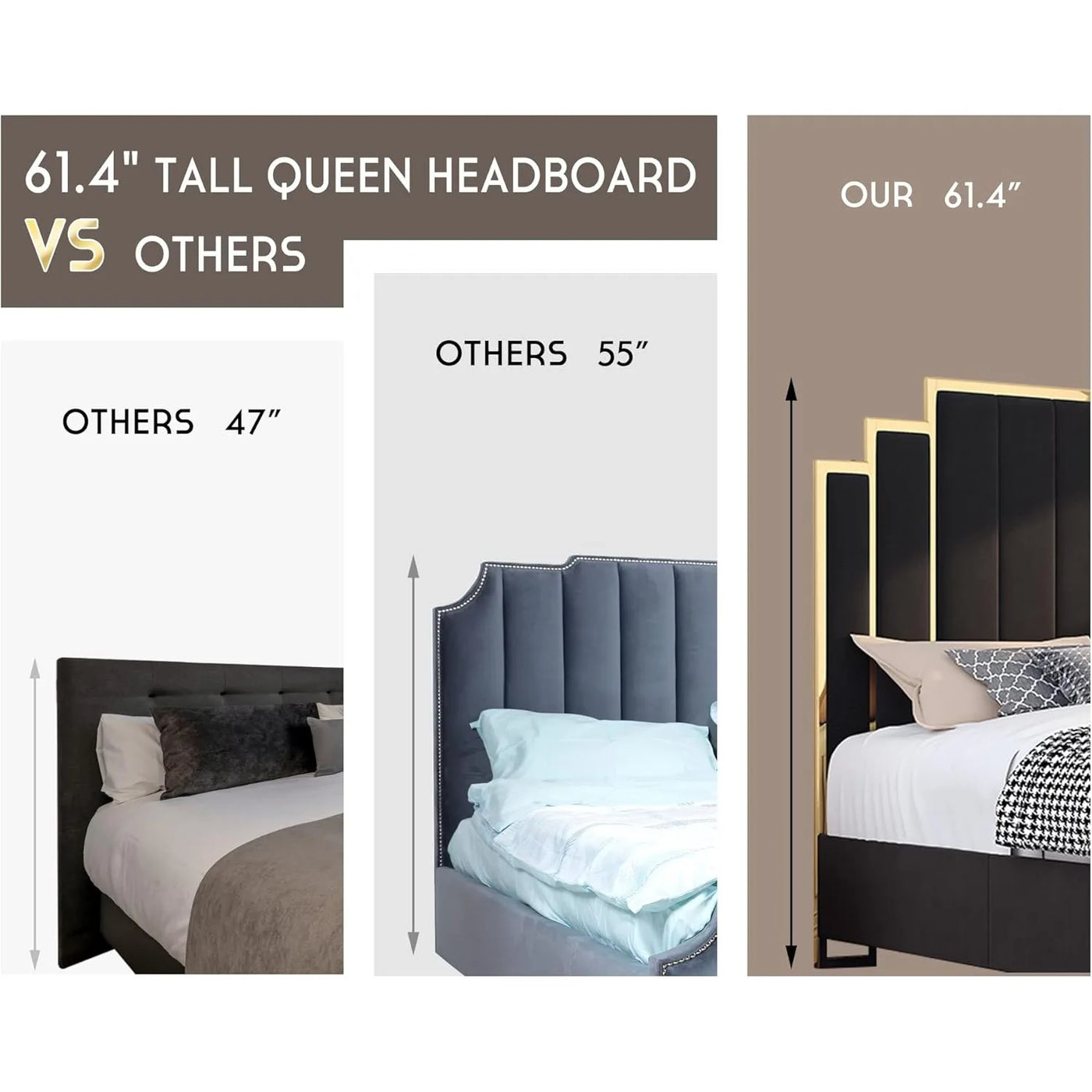 Large bed frame and 61 inch headboard, gold-plated upholstered soft mattress, modern platform bed without box spring, black