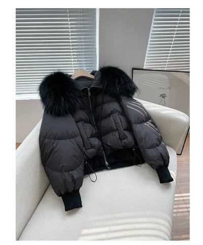 Fashionable Women's Winter Down Jacket Cropped Fox Fur Collar High End 90% White Duck Feather Coat Thick Long Sleeves