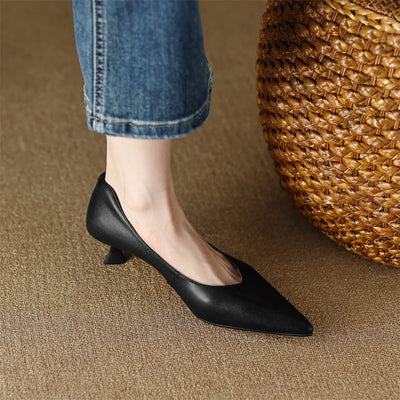plus size 34-42 women's genuine leather 4.5cm kitten heel pointed toe slip-on pumps elegant ladies low heeled shoes