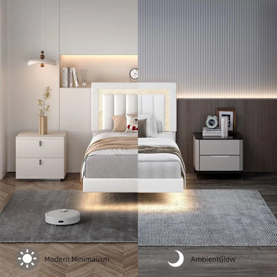 Floating Bed Frame Full with Smart LED Lights, Faux Leather Upholstered Platform Bed with Diamond PU Headboard,