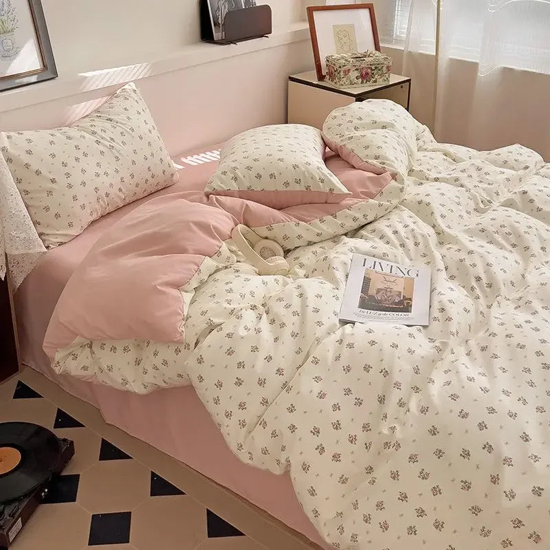 Green Floral Bedding Set Twin Full Queen Size Duvet Cover for Girls Flat Sheet Pillowcase Washed Cotton Home Linens