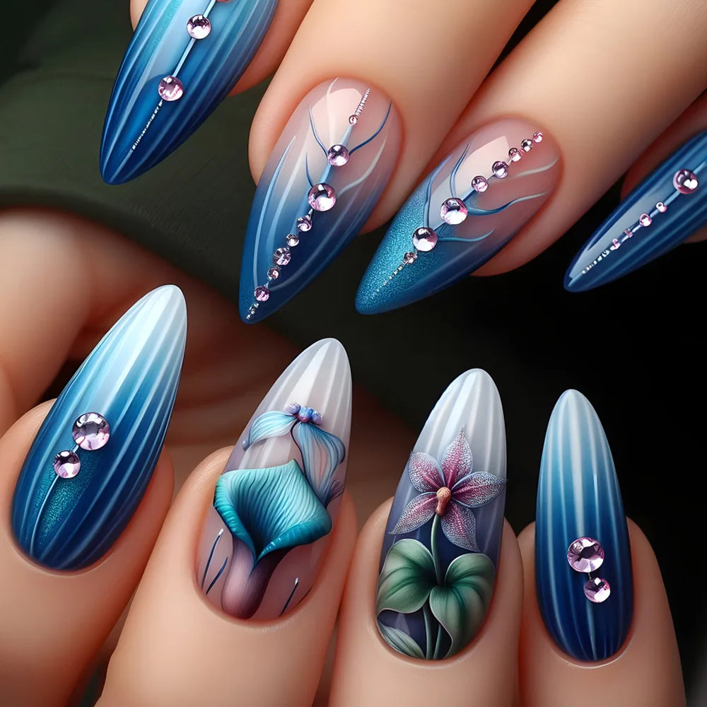 24pcs Square Stick-on Nails Set Goldfish Nail Tips Cheap Nail Seal Summer Beautiful false Nails Wholesale Holiday Press on Nails
