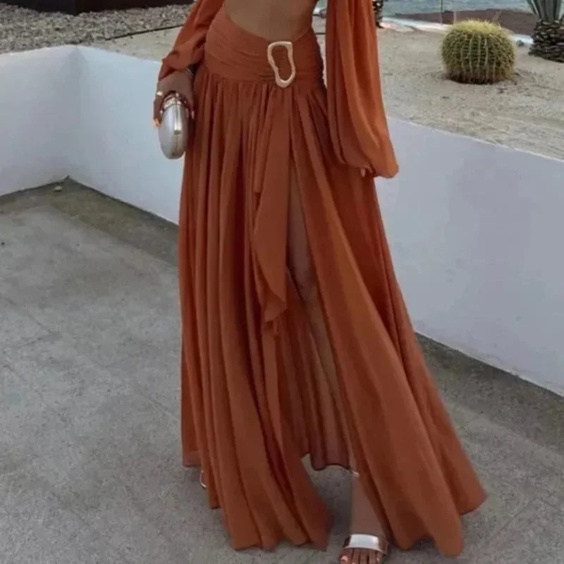 Sexy Pleated Crop Top Split Skirt Set Women Lantern Sleeve Off Shoulder Bust Wrap Top Dress Suit New Lady Holiday Party Outfits