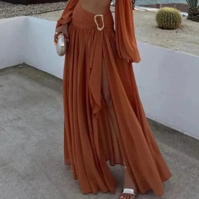 Sexy Pleated Crop Top Split Skirt Set Women Lantern Sleeve Off Shoulder Bust Wrap Top Dress Suit New Lady Holiday Party Outfits