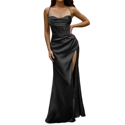 Green Women's Dress Lace Up Backless High Slit Corset Maxi Dress Elegant Vestidos Slim Fishbone Formal Dresses For Wedding Guest