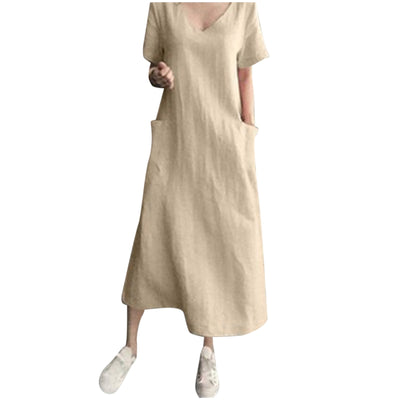 2024 Summer Dresses Qutfits Causal Dress Short Sleeved Cotton Linen V Neck Dress With Pocket Loose Comfy Dresses Vestidos