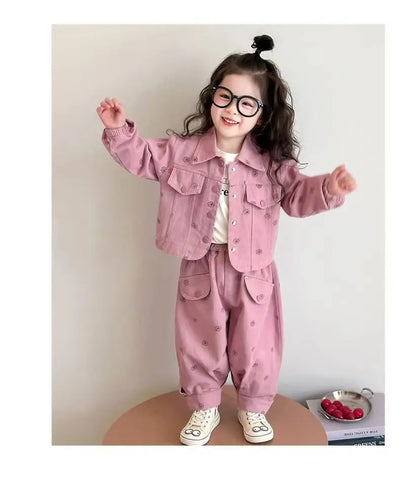 Girls Coat and Pants Two Piece Set 2025 Spring and Autumn New Korean Fashion Floral Casual Coat and Pants Two Piece Set Trend