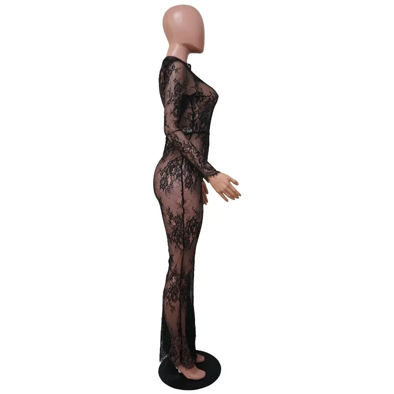 DSMTRC Long Sleeve One Pieces Wide Leg Jumpsuit Women Summer Clothes Fashion Black Lace Perspective Sexy Night Club Outfits