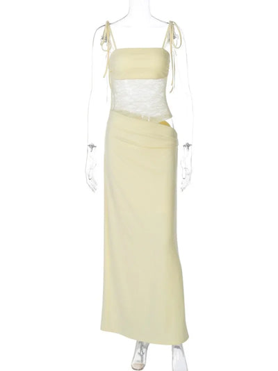 Sexy Bandage Mesh Patchwork Long Dress for Women Lace-up See-through Asymmetrical Evening Party Dresses Lady Gowns High Street
