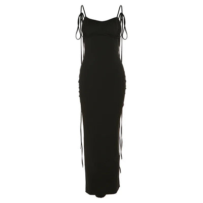 Summer sexy pleated solid color strap with perspective high slit backless sleeveless long skirt